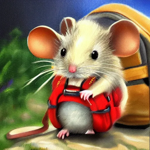 Prompt: a mouse with a hiking backpack, photorealistic, high quality, oil painting, 4 k