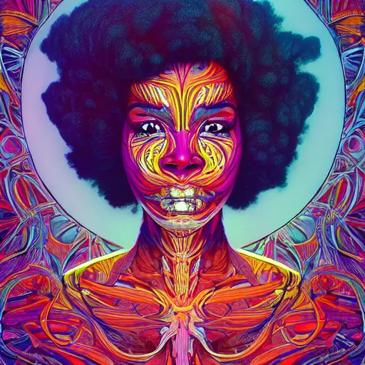 Image similar to the anatomical face of a ridiculously beautiful and pretty black woman partially made of onion rings of all colors looking up, an ultrafine detailed illustration by james jean, final fantasy, intricate linework, bright colors, behance contest winner, vanitas, angular, altermodern, unreal engine 5 highly rendered, global illumination, radiant light, detailed and intricate environment