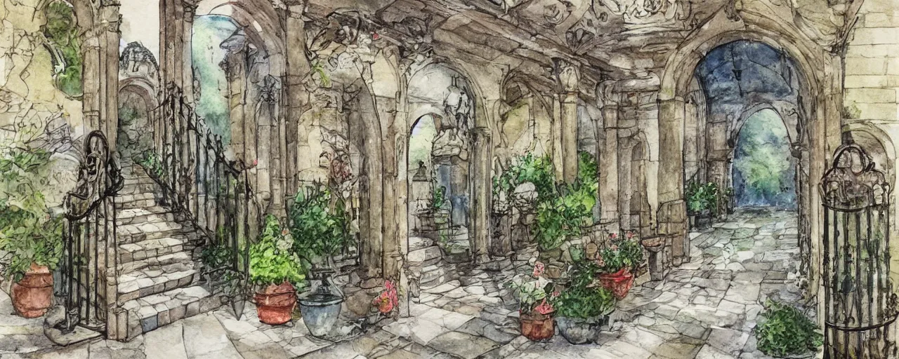 Image similar to courtyard walkway, fountain, castle, stairway, chairs, wrought iron, gate, botanic garden, botanical herbarium paper, watercolor colored painting, iridescent colors, realistic shaded, fine, artstation, italian style, colonnade ornate headdress, craving, carved, insanely detailed