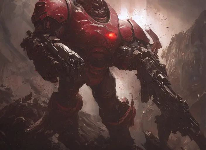 Image similar to artwork of doomslayer by dennig guy, amano yoshitaka, berkey john, bowater charlie, greg rutkowski