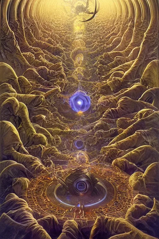 Image similar to an advanced technological computer!!!!!, surrounded by a dark cabal of hooded elven mystics with long robes gathered in a circular formation, michael whelan, dan seagrave, boris vallejo, quantum computer!!!! quantum computer