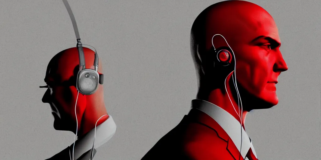 Image similar to agent 4 7 from hitman wearing headphones with wires everywhere listening to music, dark background, red rim light, smooth, sharp focus, art by ali kiani amin