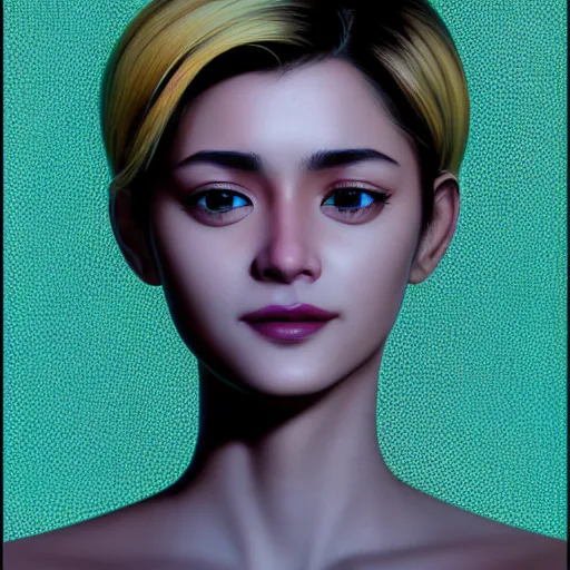 Prompt: tv actress with warm eyes, slim features, hallucinating happily. box office hit, nineties italian romcom. unreal engine, intricate, ultra detailed 8 k, ambient reflective occlusion, extremely beautiful and aesthetic shape of face, eyes, neck, and smile. art by hiroaki samura and ilya kuvshinov and monet and andy warhol, inverted
