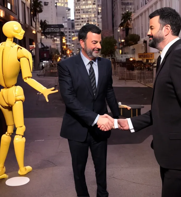 Image similar to a human-size musquito shaking hands with jimmy kimmel