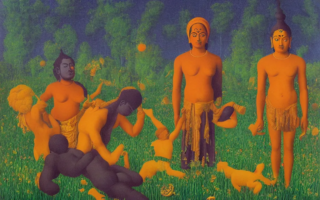 Prompt: black hindu god golden meadow, detailed painting by rene magritte