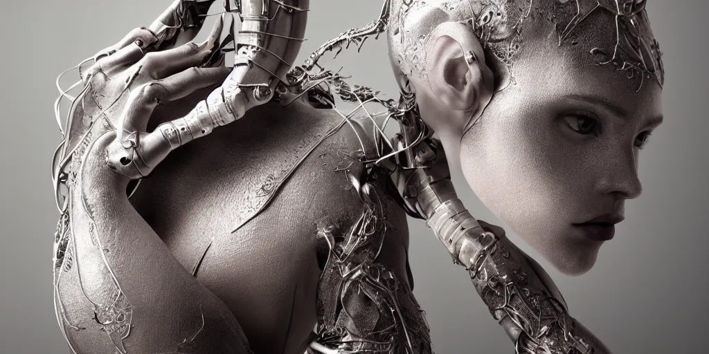 Image similar to hyper realistic photography of a stunningly beautiful cyborg female, plated arm, intimate, holding close, ribbon, in the style of beth cavener, jin kagetsu,, and wlop, highly detailed, intricate filigree, symmetry, masterpiece, award winning, sharp focus, concept art, highkey lighting, ambient lighting, octane render, 8 k, artstation