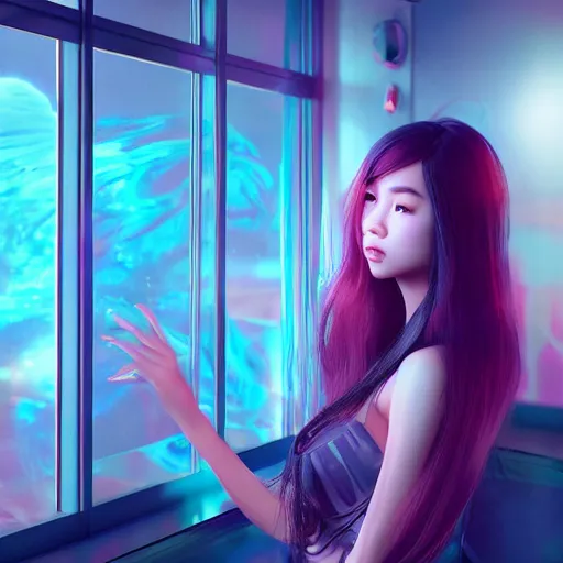 Prompt: a portrait of a full body beautiful futuristic asian girl, young with long hair, neon bioluminescence, looking out a under water window, matte painting, hyper - realistic, very detailed, intricate, very sexy pose, slight smile expression, unreal engine, dramatic cinematic lighting rendered by octane, 8 k, detailed