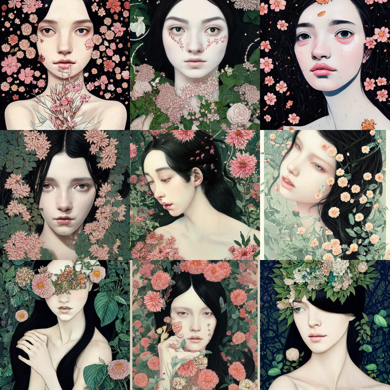 Prompt: highly detailed portrait of a beautiful girl, endless black hair with pale skin, fibonacci fragile, surrounded by leaves and flowers by james jean, by victo ngai, 4 k resolution, trending on artstation, very very detailed, masterpiece, stunning