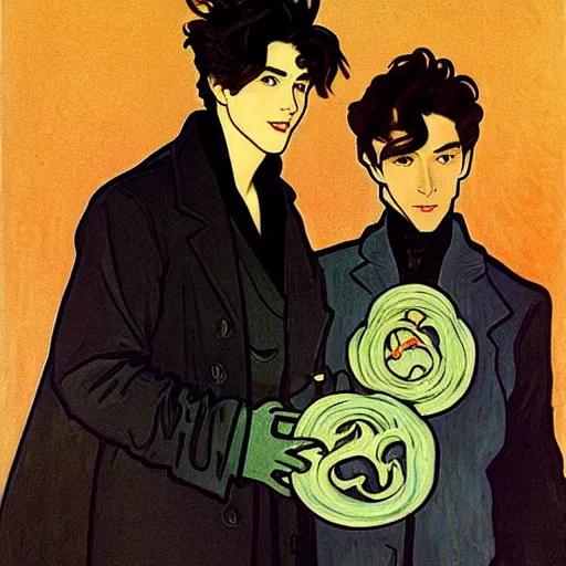 Image similar to painting of young cute handsome beautiful dark medium wavy hair man in his 2 0 s named shadow taehyung and cute handsome beautiful min - jun together at the halloween! party, bubbling cauldron!, candles!, smoke, autumn! colors, elegant, wearing suits!, delicate facial features, art by alphonse mucha, vincent van gogh, egon schiele