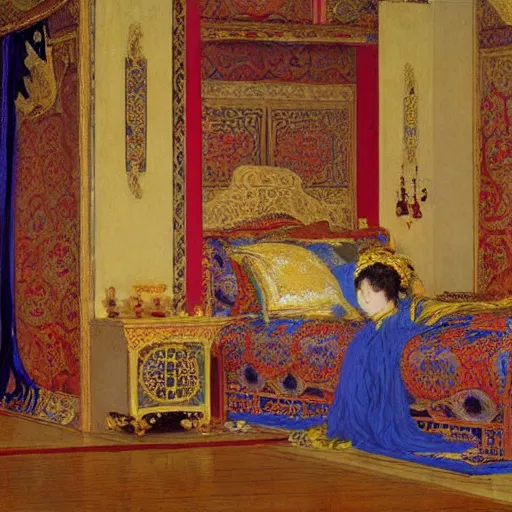 Prompt: the ornate bedchamber of a chinese princess, with screens and silks, by frederic leighton