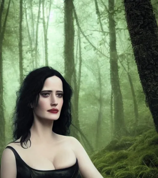 Image similar to 5 5 mm close up portrait photo of eva green as yennefer of vengerberg in black leather armor and long black fluff hair, in a forest. magical atmosphere. art by greg rutkowski. lifelike. very detailed 8 k. intricate. soft light. nikon d 8 5 0.