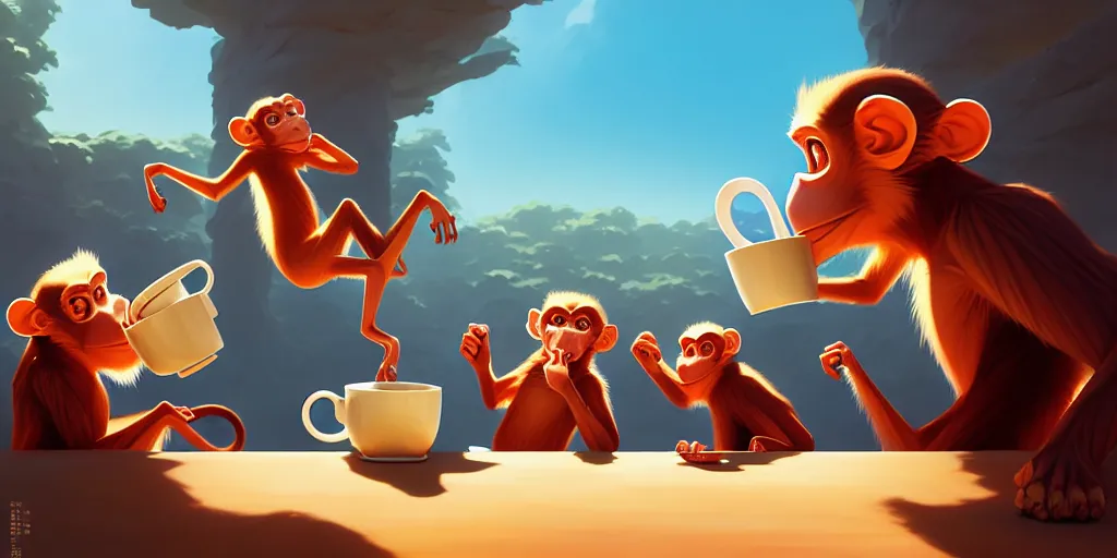 Image similar to hyper detailed ultra sharp of cartoon monkeys drinking coffee. behance hd by jesper ejsing, by rhads, makoto shinkai and lois van baarle, ilya kuvshinov, rossdraws radiating a glowing aura global illumination ray tracing hdr, 8 k