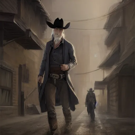 Image similar to portrait of a man with a long duster, grey hair and a cowboy hat walking in a western town, hard good looking face, middle aged, drawn by Ruan Jia, fantasy art, dramatic lighting, digital art, 8k, highly detailed