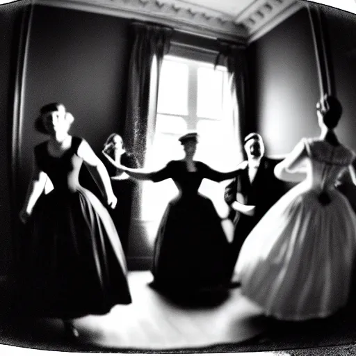 Image similar to pinhole black and white photo of a victorian living room with costumed people dancing