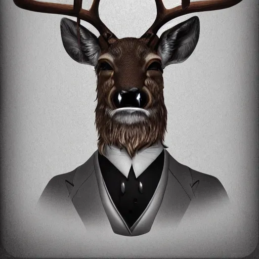 Image similar to a upper body portrait of a deer lord with monocle and top hat, intricate detail, digital art, trending on artstation