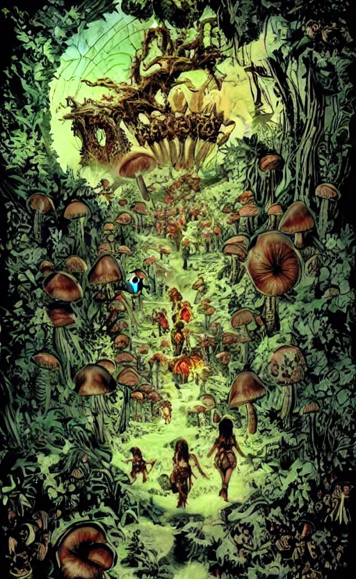 Image similar to stars in the sky fairies with detailed faces enchanted forest mushrooms on the ground psychedelic wide angle shot white background vector art illustration gears of war by frank frazetta