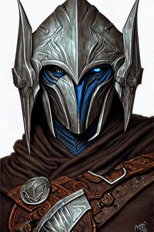Image similar to head and shoulders portrait of an eldrich knight, drow, dark elf, shadar kai, breastplate, magical, male, high fantasy, d & d, by michael whelan, face details, extremely detailed, digital illustration