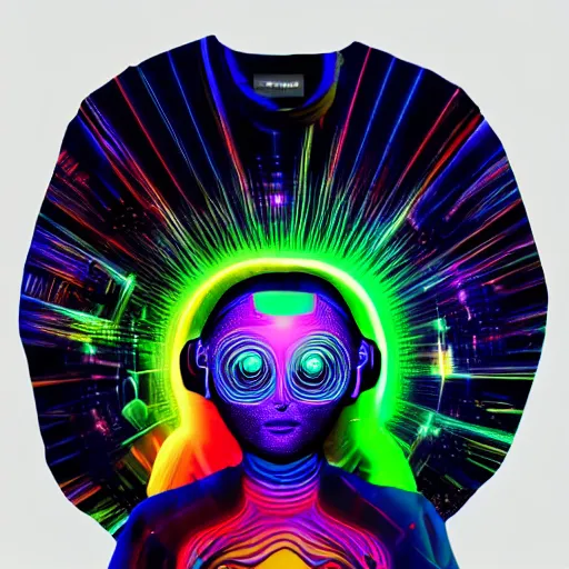 Image similar to fashion photo of a black tshirt with a hyperdetailed portrait of a futuristic trippy cute meditating robot, 8 k, symetrical, fluorescent colors, halluzinogenic, multicolored tshirt art,