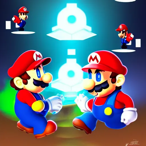 Prompt: A beautiful illustration of Mario Bros fighting against a robot, trending on artstation