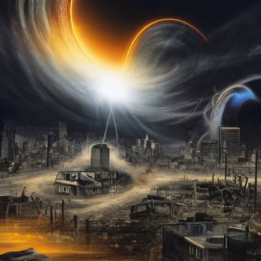 Prompt: black hole rising above city, city destroyed by shockwave, digital art, art by gonzalo fuenmayor, asher brown durand