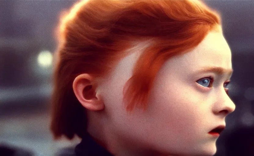 Image similar to sadie sink with spiky short hair in oversized man's coat : a still from a scifi soviet cyberpunk film from 1 9 8 0 s. by steven spielberg and james cameron. 6 5 mm low grain film stock. sharp focus, realistic facial expression, perfect anatomy, cinematic atmosphere, detailed and intricate environment, trending on artstation