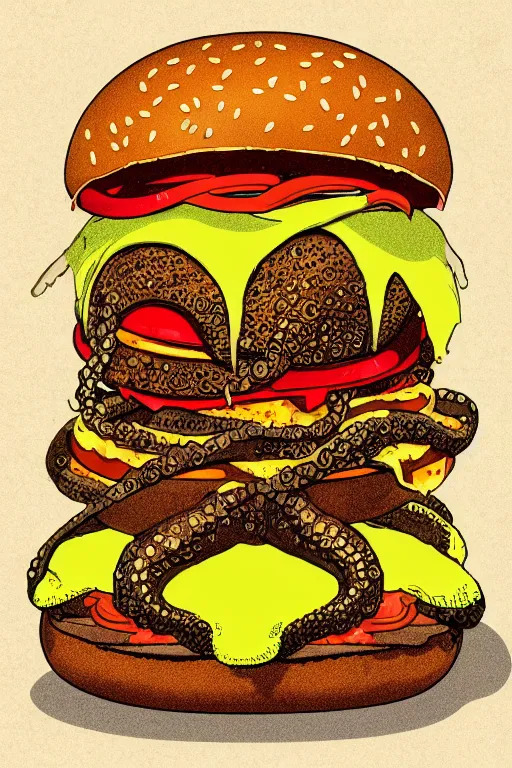 Prompt: illustration of a an octopus inside a cheeseburger, highly detailed, 8 k, vintage, screen print, trending on artstation