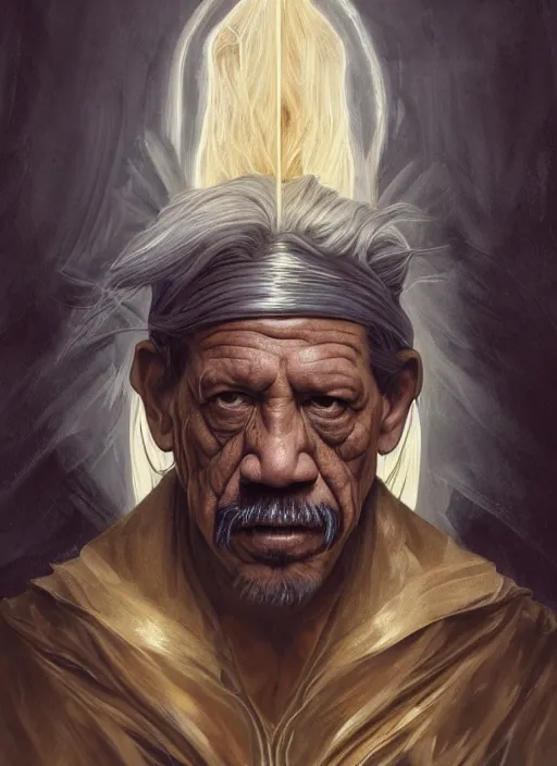 Image similar to Portrait of Danny Trejo, white glowing eyes, silver hair, cloak, ethereal wings, male, fantasy, extremely detailed, digital painting, artstation, concept art, smooth, sharp focus, illustration, stunning lighting, art by artgerm and greg rutkowski and alphonse mucha and simon stalenhag, realistic character concept, high fantasy, light atmosphere, golden ratio, cinematic lighting, hyperdetailed, high resolution, insanely detailed and intricate, artstation, Marc Simonetti, Greg Rutkowski, 8k