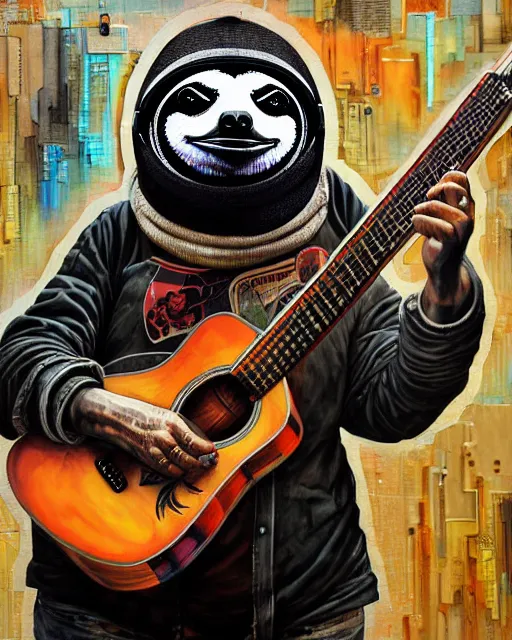 Image similar to a portrait of an anthropomorphic cyberpunk sloth strumming a 1 2 string acoustic guitar by sandra chevrier, by jon foster, detailed render, tape deck, epic composition, cybernetics, 4 k realistic, cryengine, realistic shaded lighting, sharp focus, masterpiece, by enki bilal