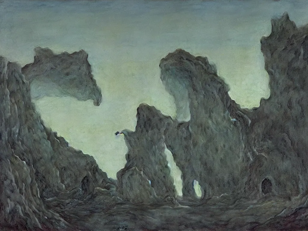 Image similar to Giant crystal rocks at the edge of a sandy beach. Mirror skull cave. Desolate, looming, trenchant, abyss. Painting by Caspar David Friedrich, Beksinski