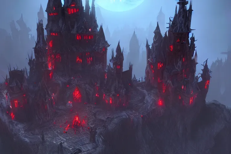 Image similar to big evil fairy castle - city rock dark shadow elves, might and magic heroes 7, dark fantasy, shadows, artstation trending, unreal engine 5, red