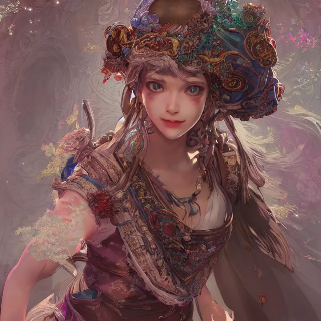 Prompt: studio portrait of neutral good colorful female cleric bard healer as absurdly beautiful, elegant, young skinny gravure idol, an ultrafine hyperdetailed illustration by kim jung gi, intricate linework, sharp focus, bright colors, octopath traveler, final fantasy, unreal engine 5 highly rendered, global illumination, radiant light, detailed and intricate environment