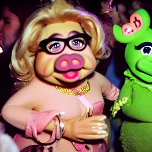 Prompt: Miss Piggy at a rave in Manchester, surrounded by ravers, 1994, HD 35mm color flash photography, depth of field