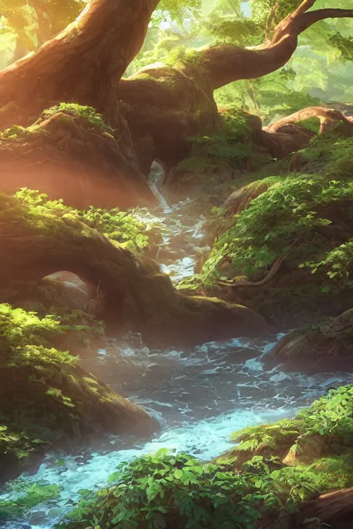 Image similar to beautiful river flowing through a giant ancient tree, serene evening atmosphere, soft lens, soft light, cel - shading, animation, in the style of cgsociety, deviantart, artstation, zbrush, cinema 4 d, studio ghibli, akihiko yoshida, atelier lulua, masamune shirow