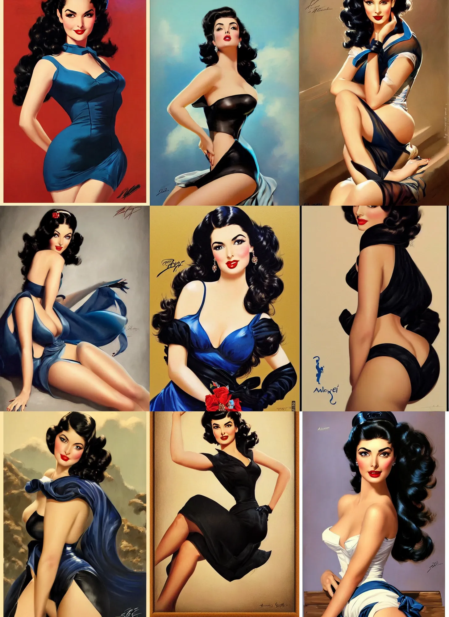 Prompt: ameera al taweel, blue eyes, wavy black hair, seductive, beautiful, attractive, elegant, alluring, pinup by gil elvgren, in the skin of fortnite