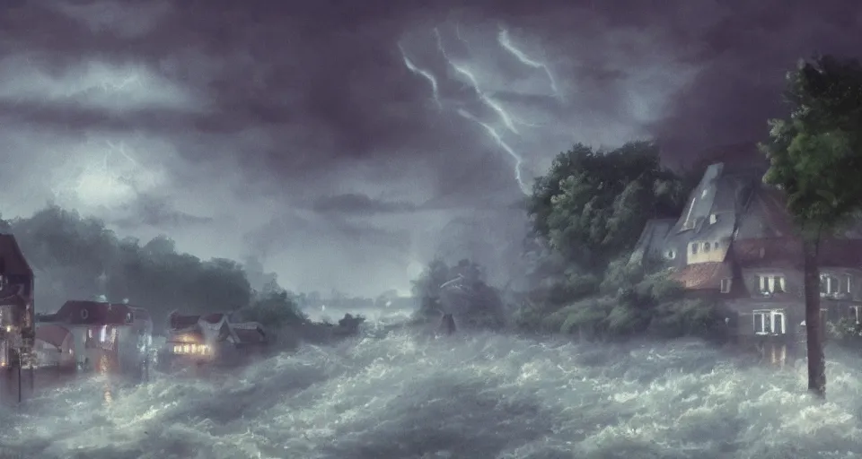 Image similar to dramatic landscape art of a german town being flooded during a thunderstorm, background art, concept art, dramatic lighting, trending on artstation, Studio Ghibli