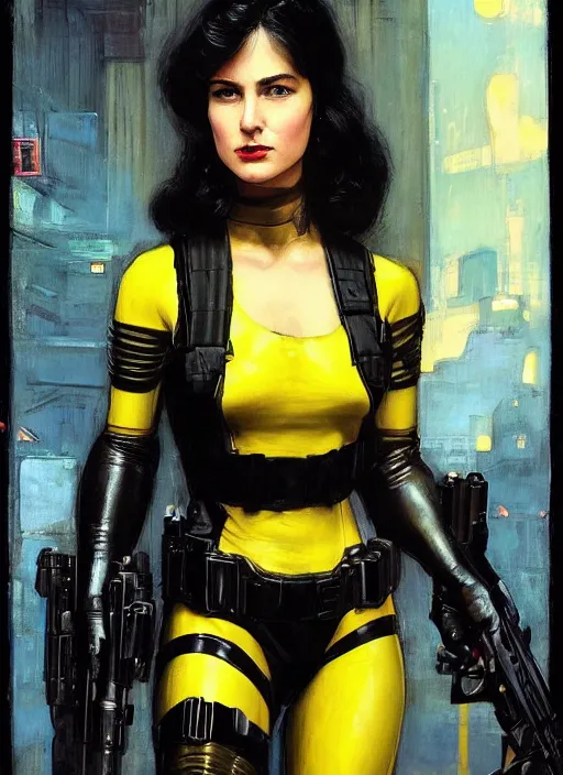 Image similar to Selina Kyle. beautiful cyberpunk female USN marine wearing a military vest and a black and yellow tactical jumpsuit (cyberpunk 2077, bladerunner 2049). gorgeous face. Iranian orientalist portrait by john william waterhouse and Edwin Longsden Long and Theodore Ralli and Nasreddine Dinet, oil on canvas. Cinematic, hyper realism, realistic proportions, dramatic lighting, high detail 4k