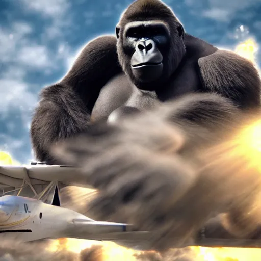 Image similar to giant gorilla destroying airplanes in a movie scene, ultra realistic unreal engine deviantart