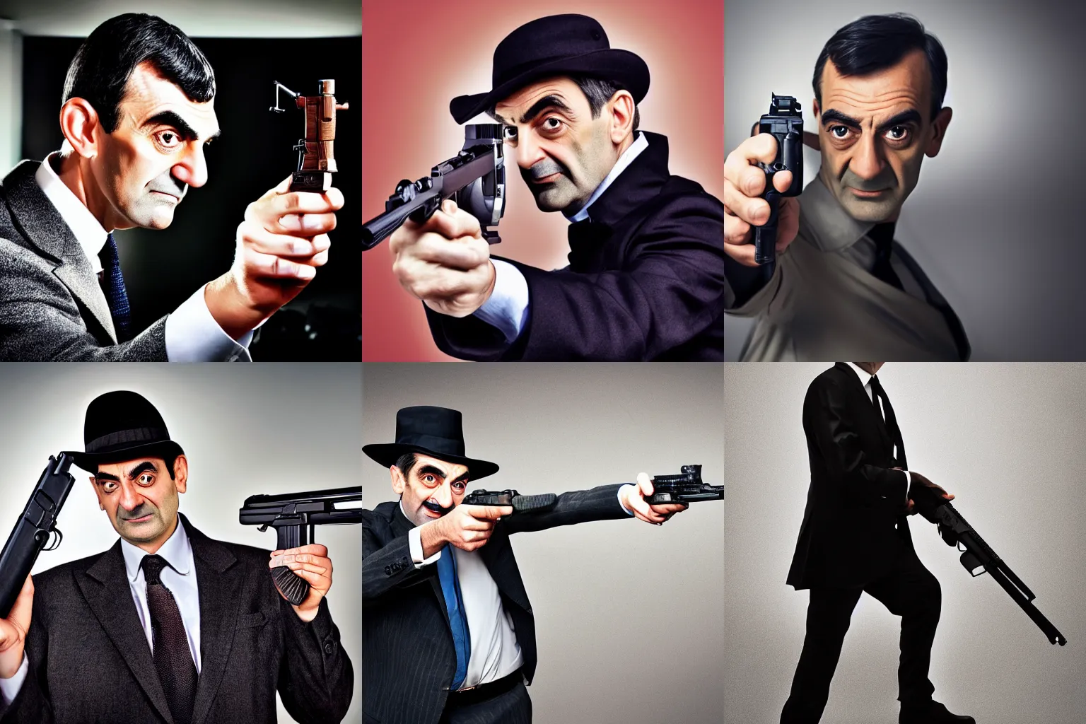 Prompt: mister bean holding a gun, 4k photograph, low angle, wide shot, fast shutter speed, backlighting, in the style of james bond and sherlock holmes