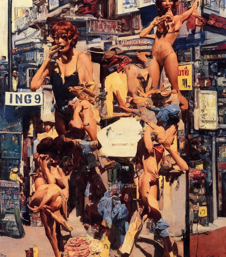 Prompt: standing portrait of ecstatic sza looking into the camera standing smoking a cigarette, summer, warm street lights store front, 1 9 6 0 s technicolor, intricate, moody, personal, highly detailed, short focus depth, donato giancola, joseph christian leyendecker, frank frazetta, alex horley, ralph horsley, michael whelan, 2 0 0 mm focal length