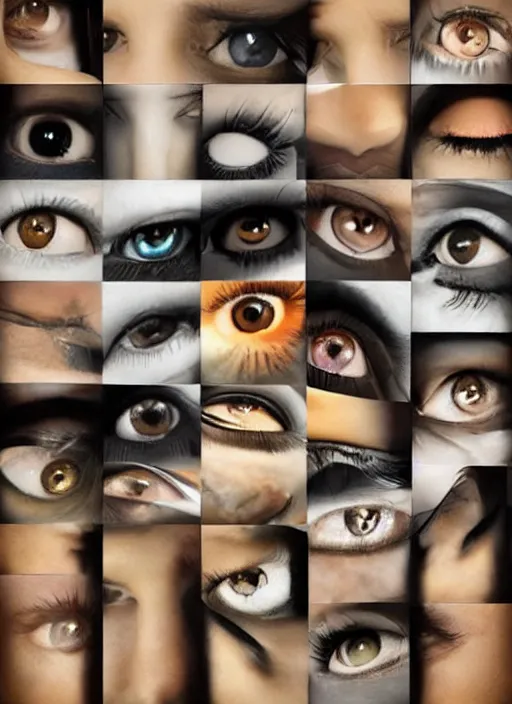 Image similar to grid montage of cube shaped eyes cubes, square shaped black dilated pupils cubes, cube shaped irises, detailed colored textures, lashes, advanced art, art styles mix, wet reflections in square eyes, sunshine light, hd macro photograph, from side, various eyelid positions, square black pupil centered