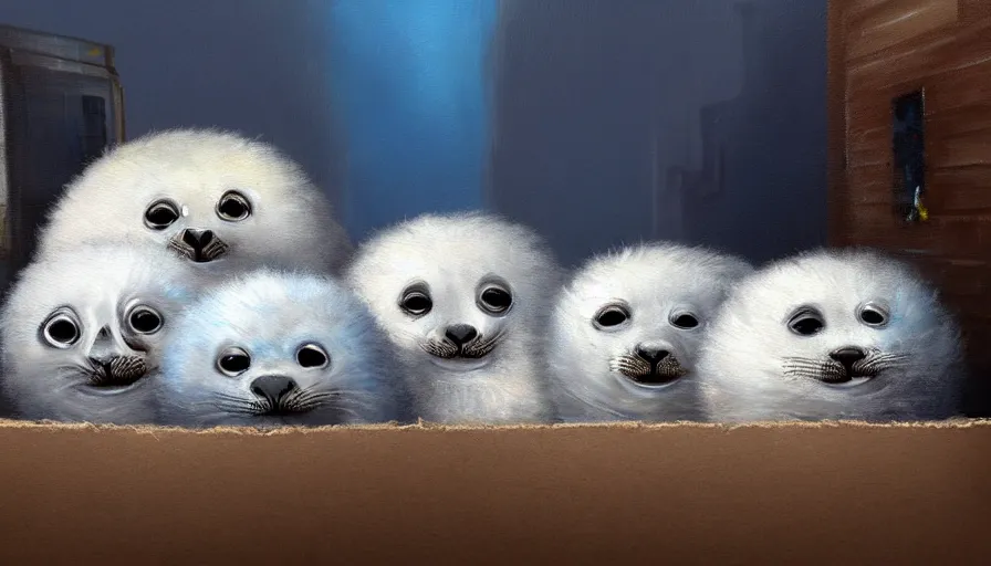 Prompt: highly detailed painting of cute furry white baby seals cuddled up in a cardboard box in a dystopian cyberpunk street by william turner, thick brush strokes and visible paint layers, 4 k resolution, blue and white colour scheme