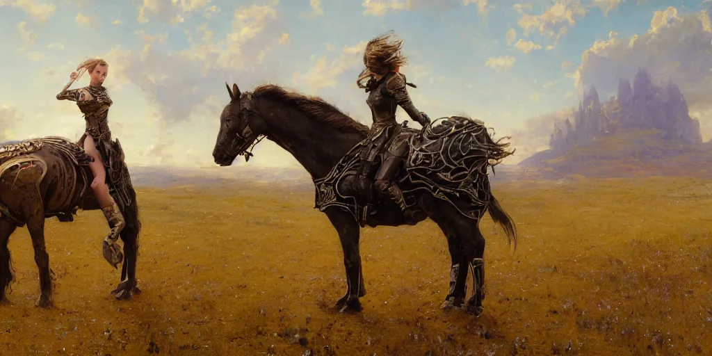 Prompt: portrait of girl medieval armor and one metal horse landscape of meadow poses by gaston bussiere, anna nikonova aka newmilky, greg rutkowski, yoji shinkawa, yoshitaka amano,, donato giancola, geoffroy thoorens, concept art, trending on artstation, featured on pixiv, cinematic composition, 8 k