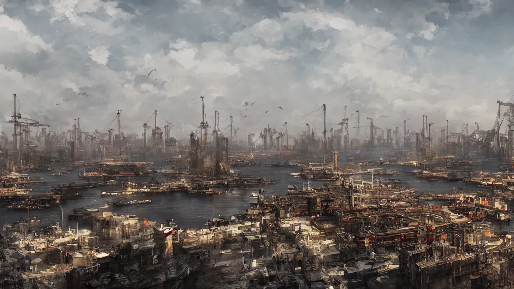 Prompt: Panorama view of huge harbor with cranes, tall buildings, warehouses, papyrus, watercolored, jakub rozalski, dark colours, dieselpunk, artstation