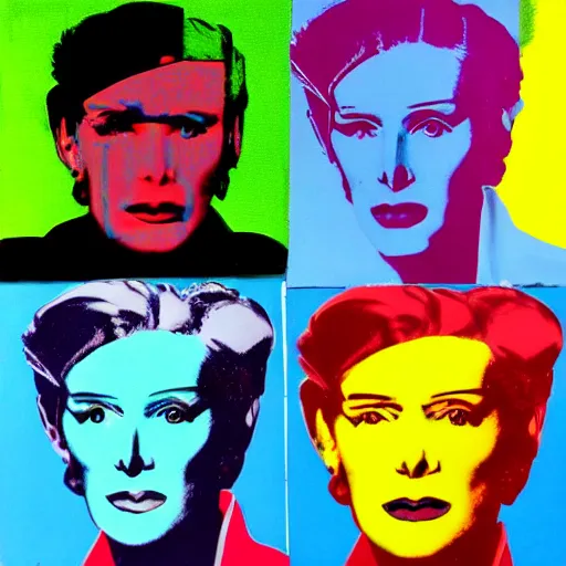 Image similar to cyborgs, panels, primary colors, cyborgs lithography, cyborgs by warhol, cyborgs in the style of andy warhol