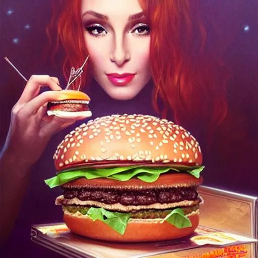 Prompt: Cher eating a mcdonald's big mac hamburger, dripping BBQ Sauce, serving burgers, intricate, elegant, feminine ethereal, hearthstone, D&D, magical mystical, highly detailed, digital painting, artstation, concept art, matte, sharp focus, hyperreal, art by Artgerm and Greg Rutkowski and Alphonse Mucha