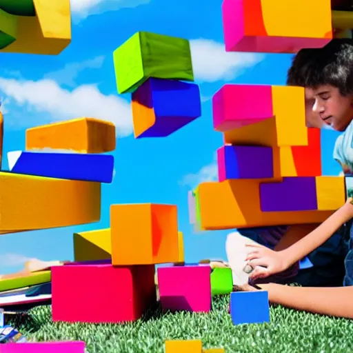 Image similar to photo of kids working on computers outside in the sun, large colorful blocks floating in the air, bright colors