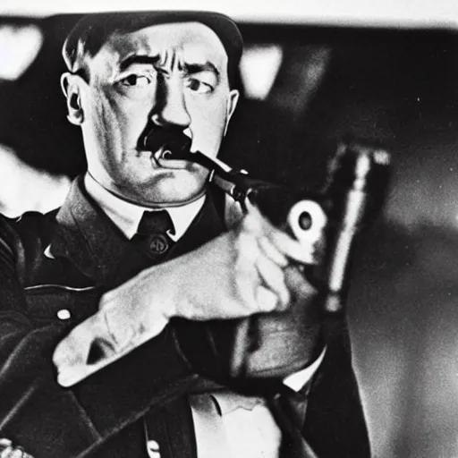 Prompt: photo of adolf hitler pointing a gun to his mouth while crying, before suicide, in the style of martin schoeller