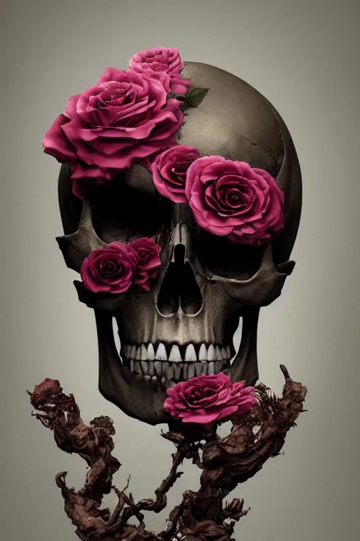 Prompt: skull bust, technology vs nature, split in half, falling out of the face, roccoco roses, beautiful natural soft light, unreal engine, octane render, photorealistic by michael komarck, greg rutkowski, victo ngai, artgerm, willem claesz heda and j. dickenson