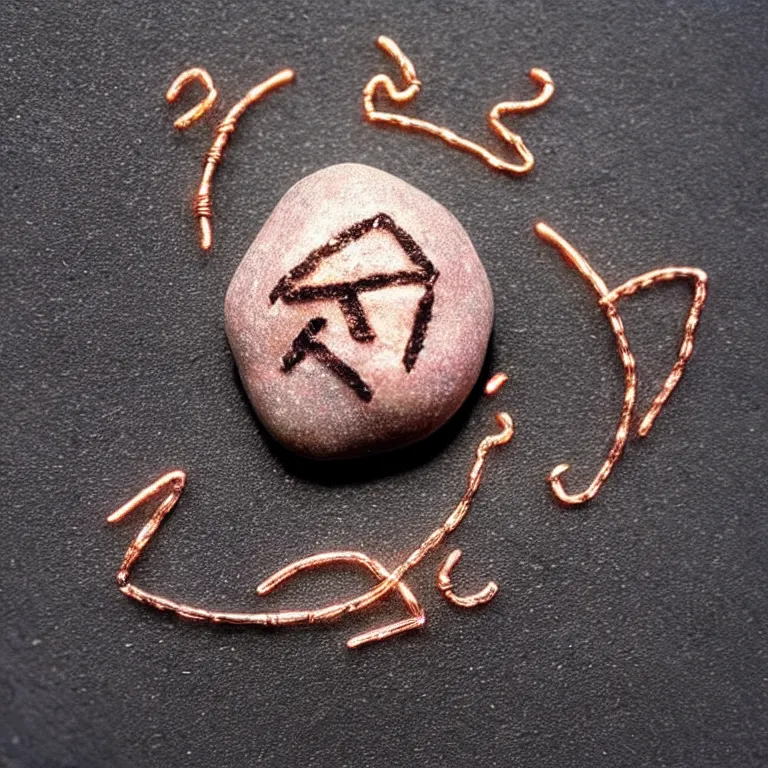 Prompt: photo of a pebble with a glowing runes drawn on it. pebble is completely wrapped with copper wire! lots of copper wire!! extremely high details