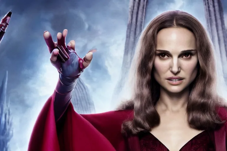 Prompt: film still of Natalie Portman as Wanda Maximoff Scarlett Witch in Multiverse of Madness, 4k